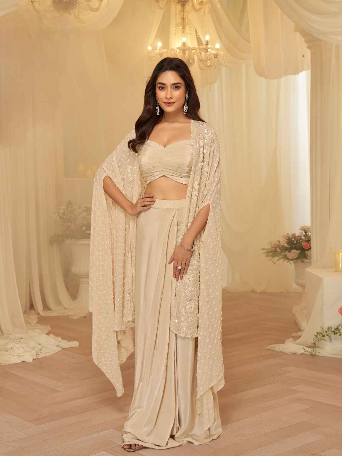 Champagne Beige Ruched Blouse Jacket Palazzo Set