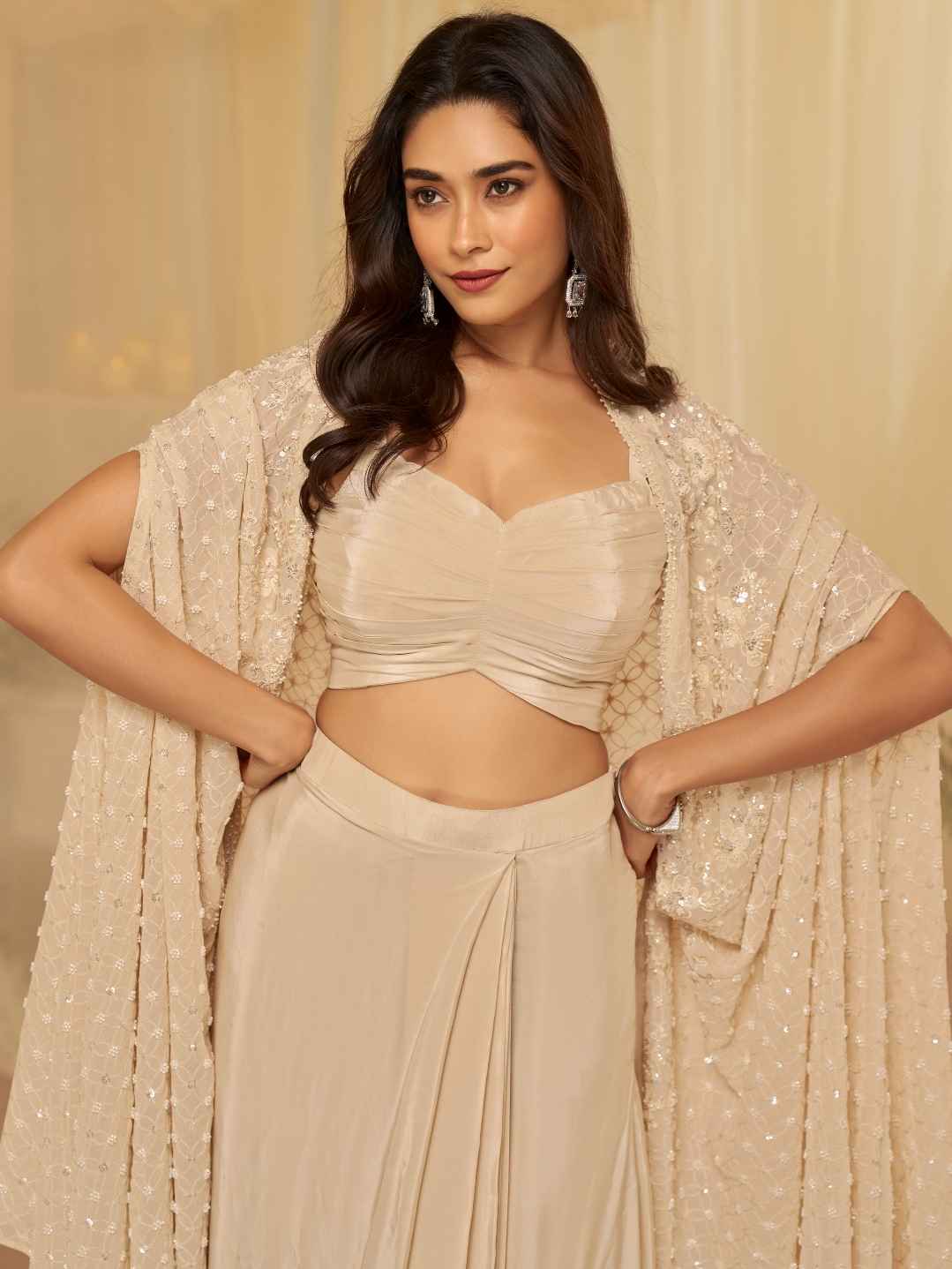 Champagne Beige Ruched Blouse Jacket Palazzo Set