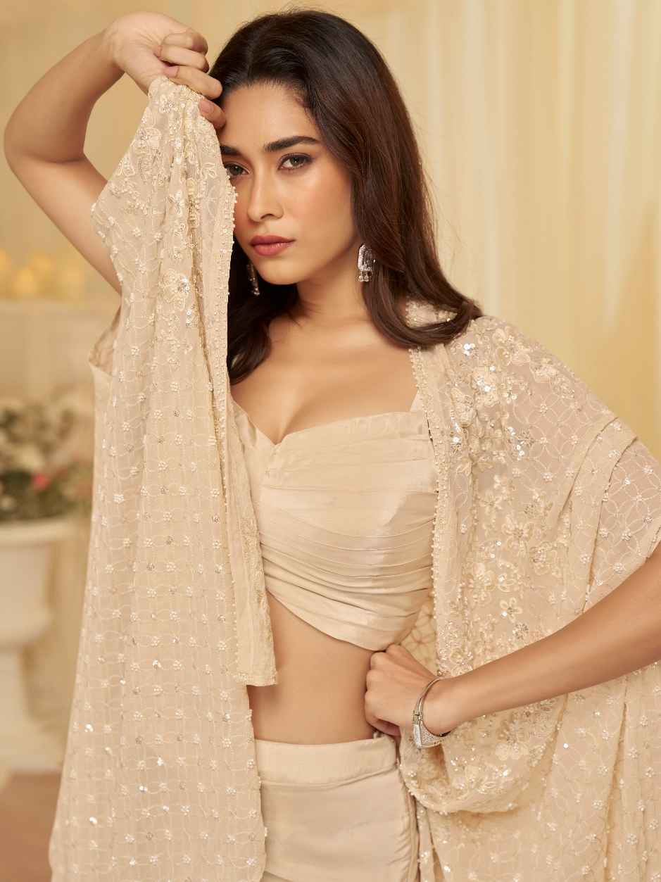 Champagne Beige Ruched Blouse Jacket Palazzo Set