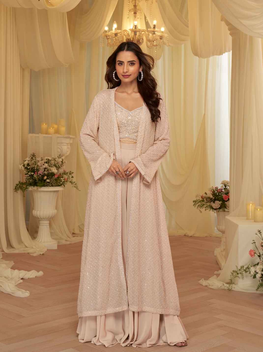Blush Peach Long Jacket Palazzo Set with Heavy Beads Embroidery