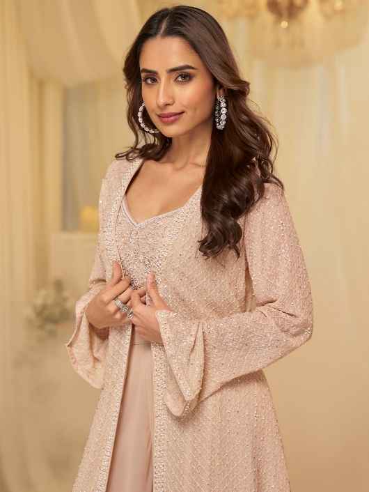 Blush Peach Long Jacket Palazzo Set with Heavy Beads Embroidery