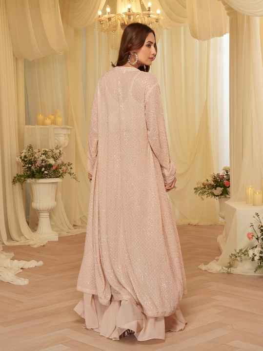 Blush Peach Long Jacket Palazzo Set with Heavy Beads Embroidery