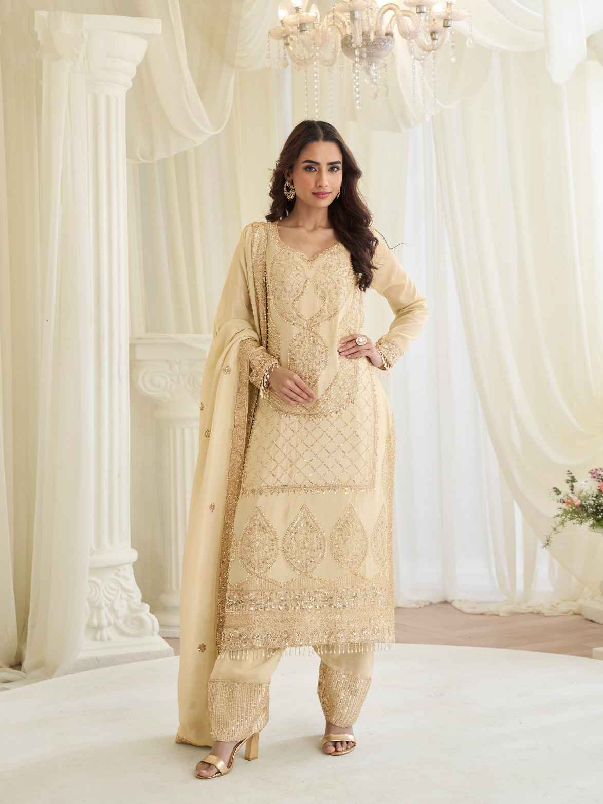 Cream Premium Simar Silk Beads Embroidered Palazzo Suit with Dupatta