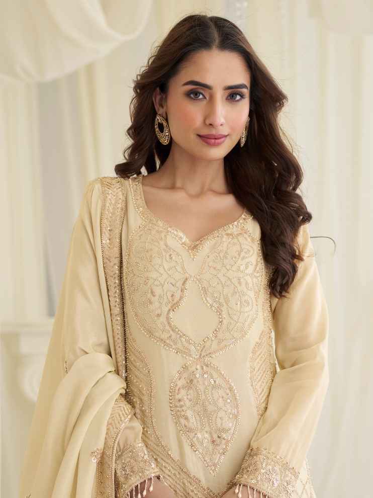 Cream Premium Simar Silk Beads Embroidered Palazzo Suit with Dupatta