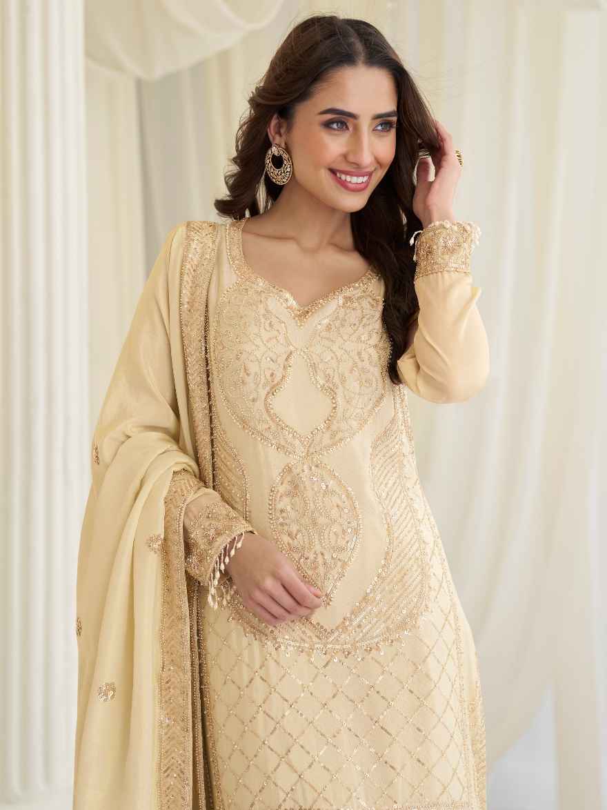 Cream Premium Simar Silk Beads Embroidered Palazzo Suit with Dupatta