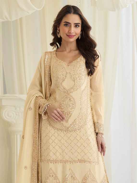 Cream Premium Simar Silk Beads Embroidered Palazzo Suit with Dupatta