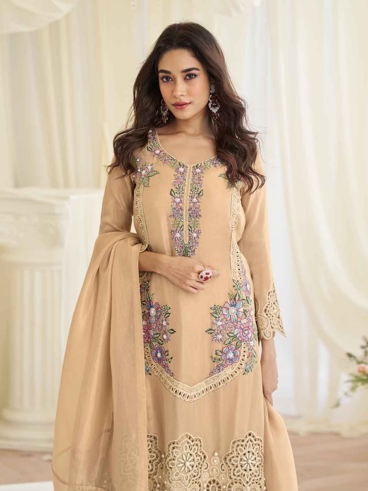 Peach Premium Silk Kurta Palazzo Set with Floral Beads Embroidery