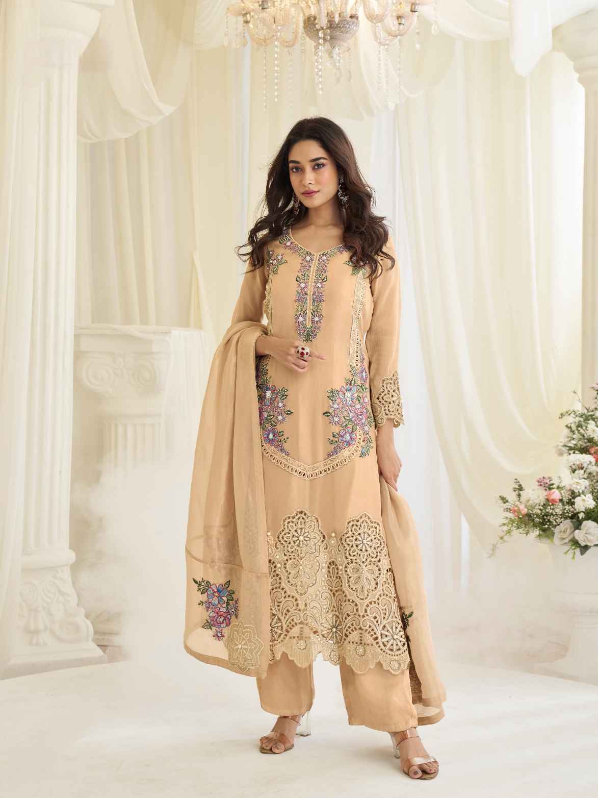 Peach Premium Silk Kurta Palazzo Set with Floral Beads Embroidery