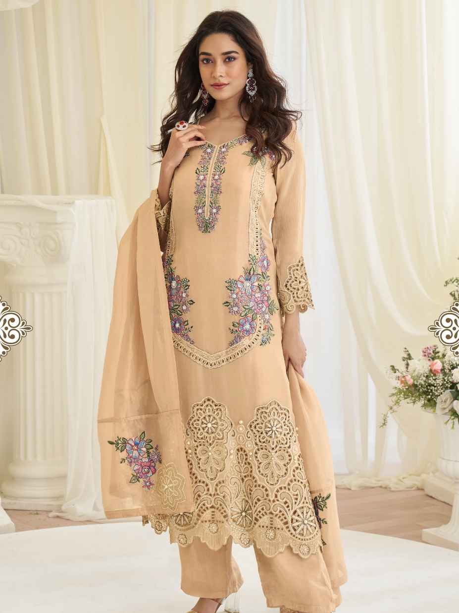 Peach Premium Silk Kurta Palazzo Set with Floral Beads Embroidery