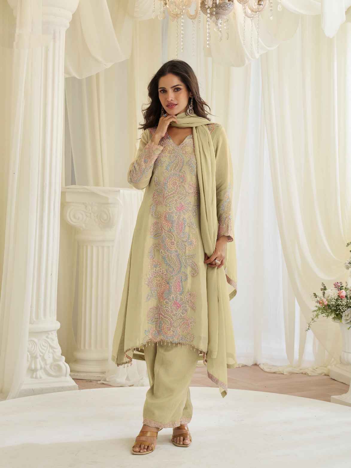 Pista Green Premium Simar Silk Beads Embroidered Palazzo Suit