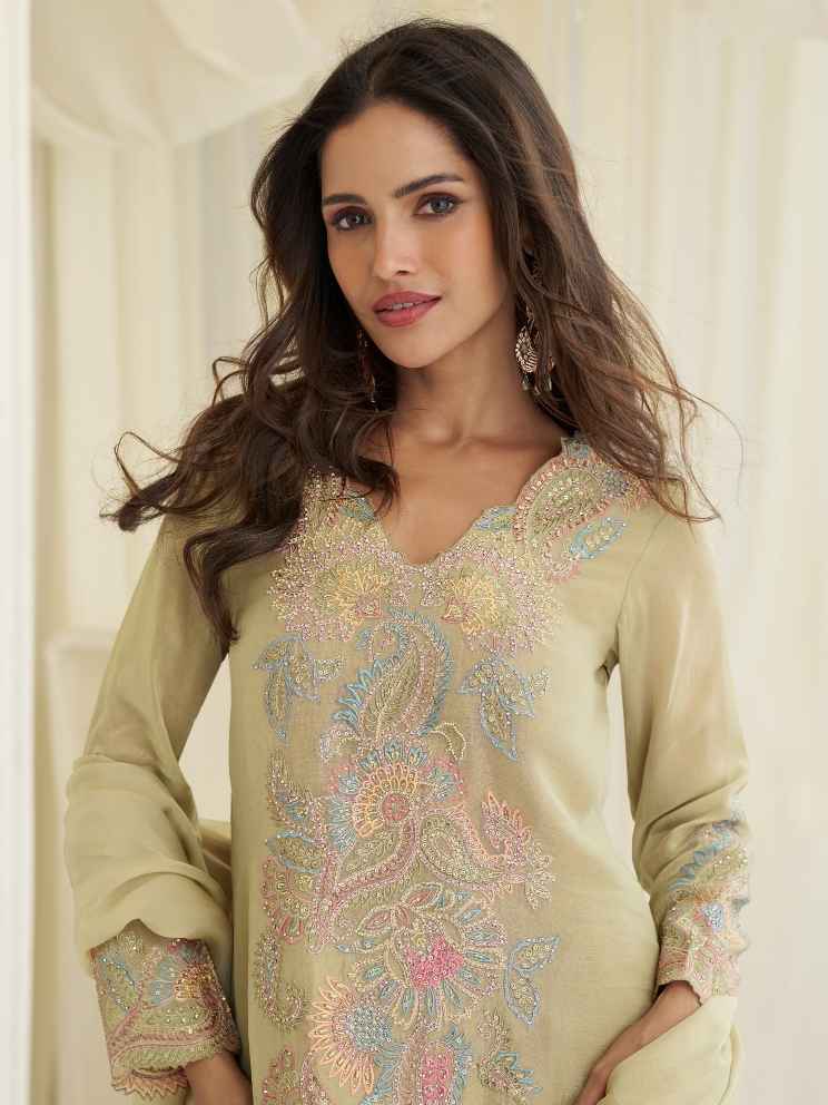 Pista Green Premium Simar Silk Beads Embroidered Palazzo Suit