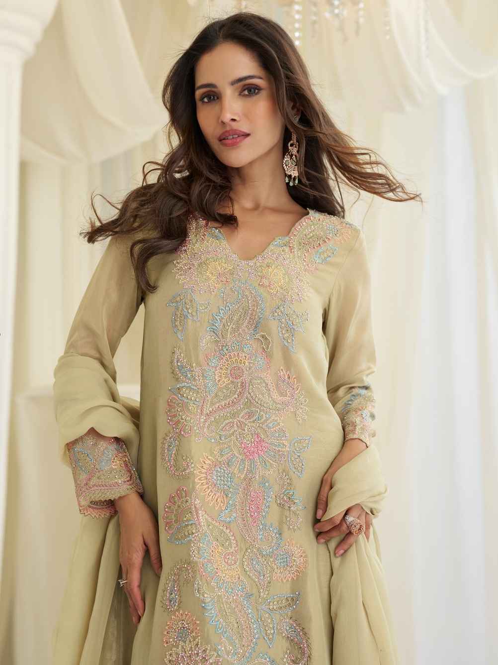 Pista Green Premium Simar Silk Beads Embroidered Palazzo Suit