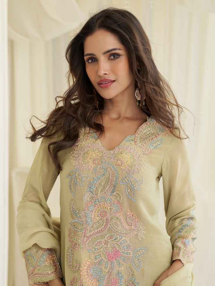 Pista Green Premium Simar Silk Beads Embroidered Palazzo Suit