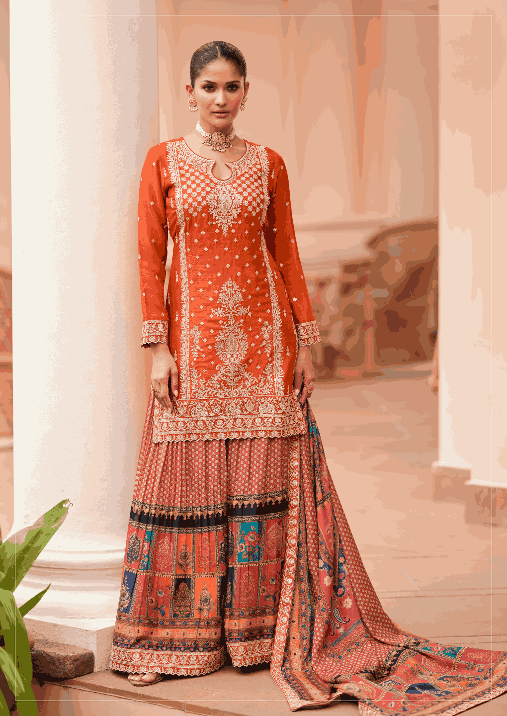 Orange Festive Chinnon Silk Kurti Palazzo Set with Printed Dupatta