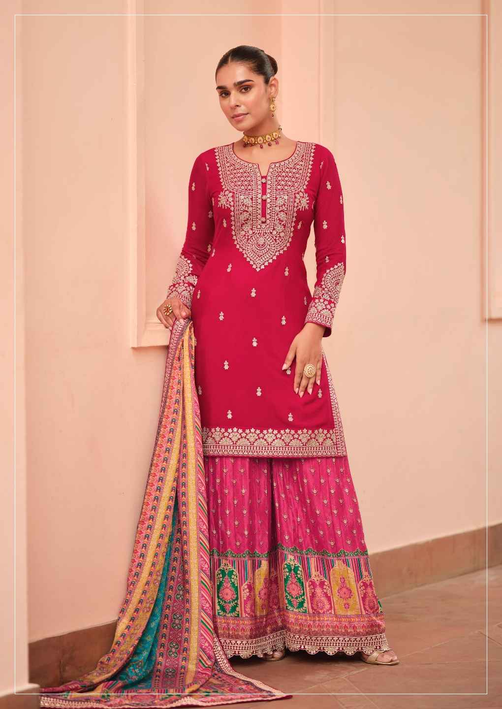 Red Embroidered Chinnon Silk Kurti Palazzo Suit with Printed Dupatta