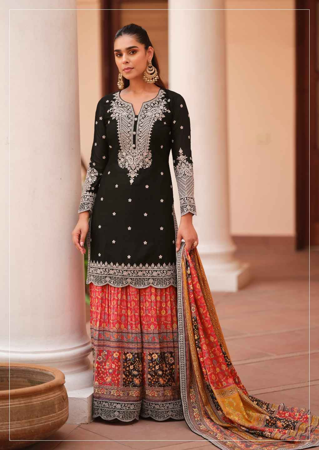 Black Premium Chinnon Silk Kurti Palazzo Set with Elegant Dupatta
