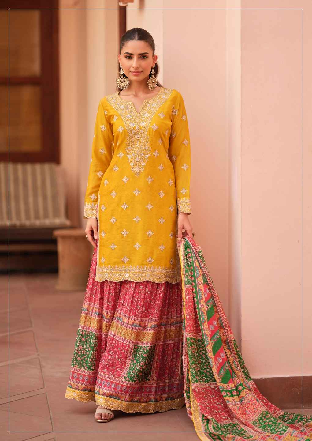 Yellow Premium Chinnon Silk Kurti Palazzo Set with Printed Dupatta
