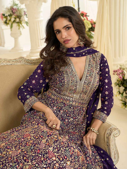 Purple Heavy Zarkan Embroidered Georgette Anarkali Gown