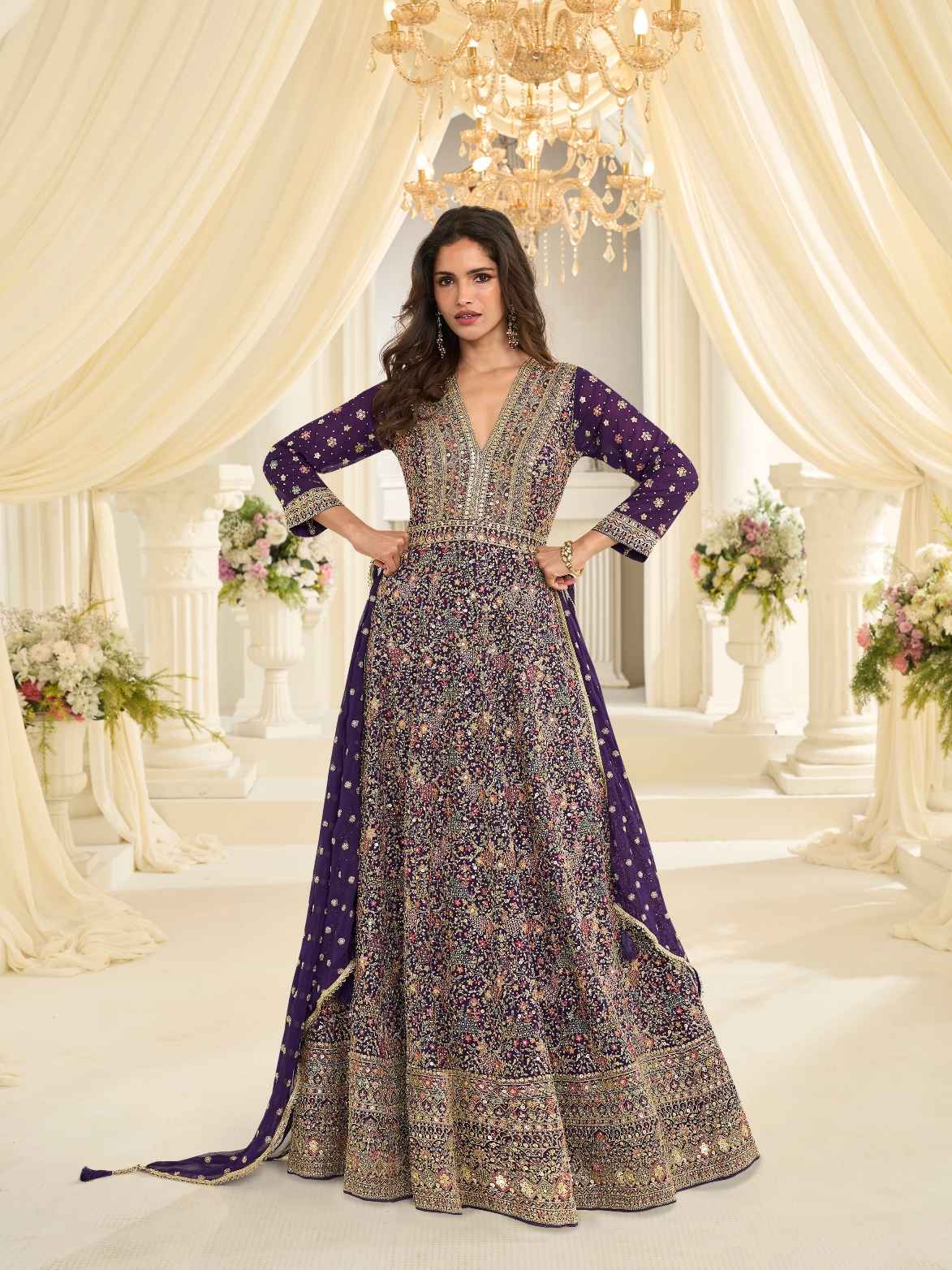 Purple Heavy Zarkan Embroidered Georgette Anarkali Gown