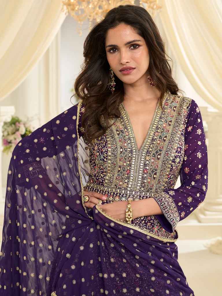 Purple Heavy Zarkan Embroidered Georgette Anarkali Gown