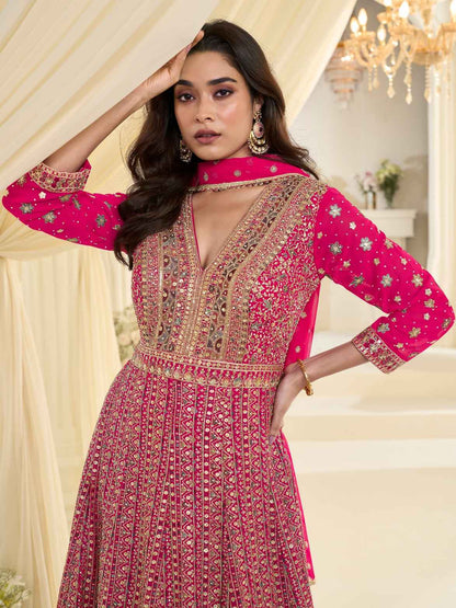 Rani Pink Heavy Embroidered Georgette Anarkali Gown with Dupatta