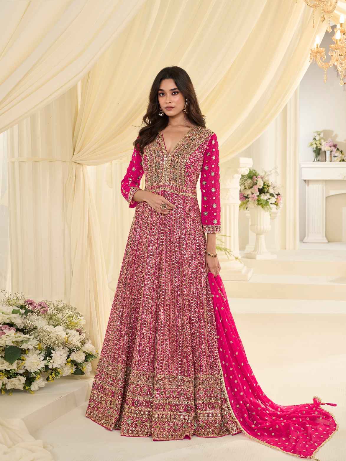 Rani Pink Heavy Embroidered Georgette Anarkali Gown with Dupatta
