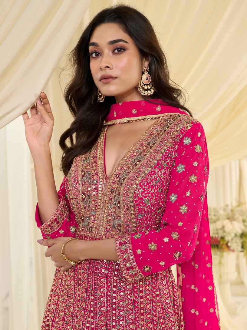 Rani Pink Heavy Embroidered Georgette Anarkali Gown with Dupatta