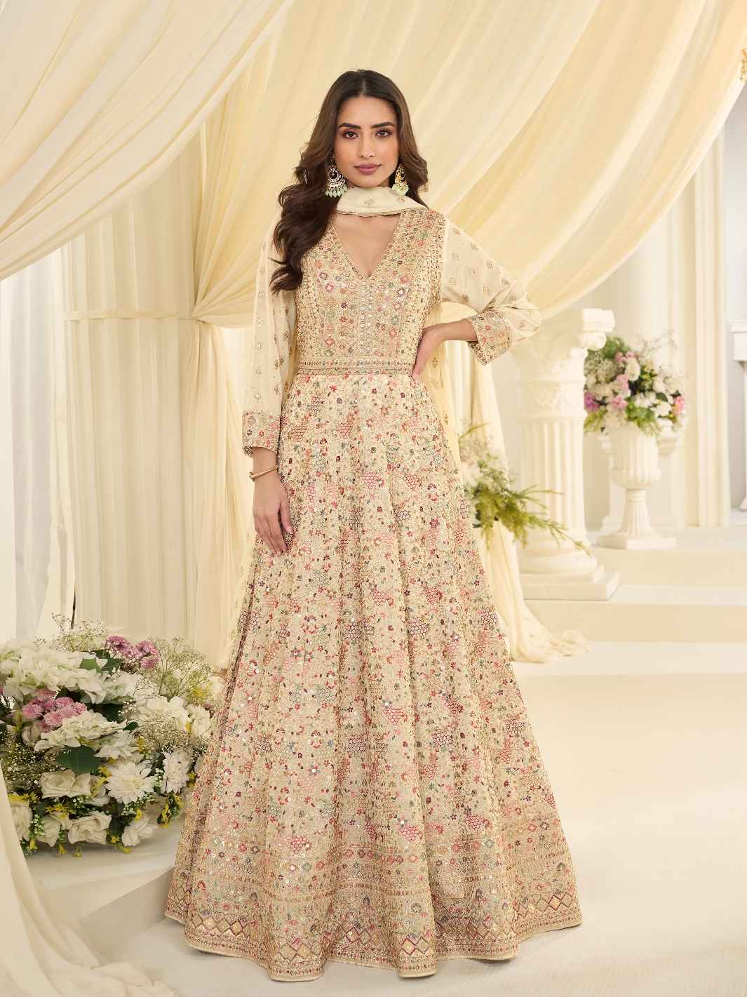 Cream Heavy Zarkan Work Georgette Anarkali Gown with Dupatta