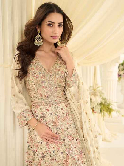 Cream Heavy Zarkan Work Georgette Anarkali Gown with Dupatta