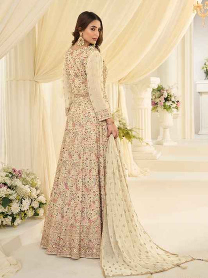 Cream Heavy Zarkan Work Georgette Anarkali Gown with Dupatta