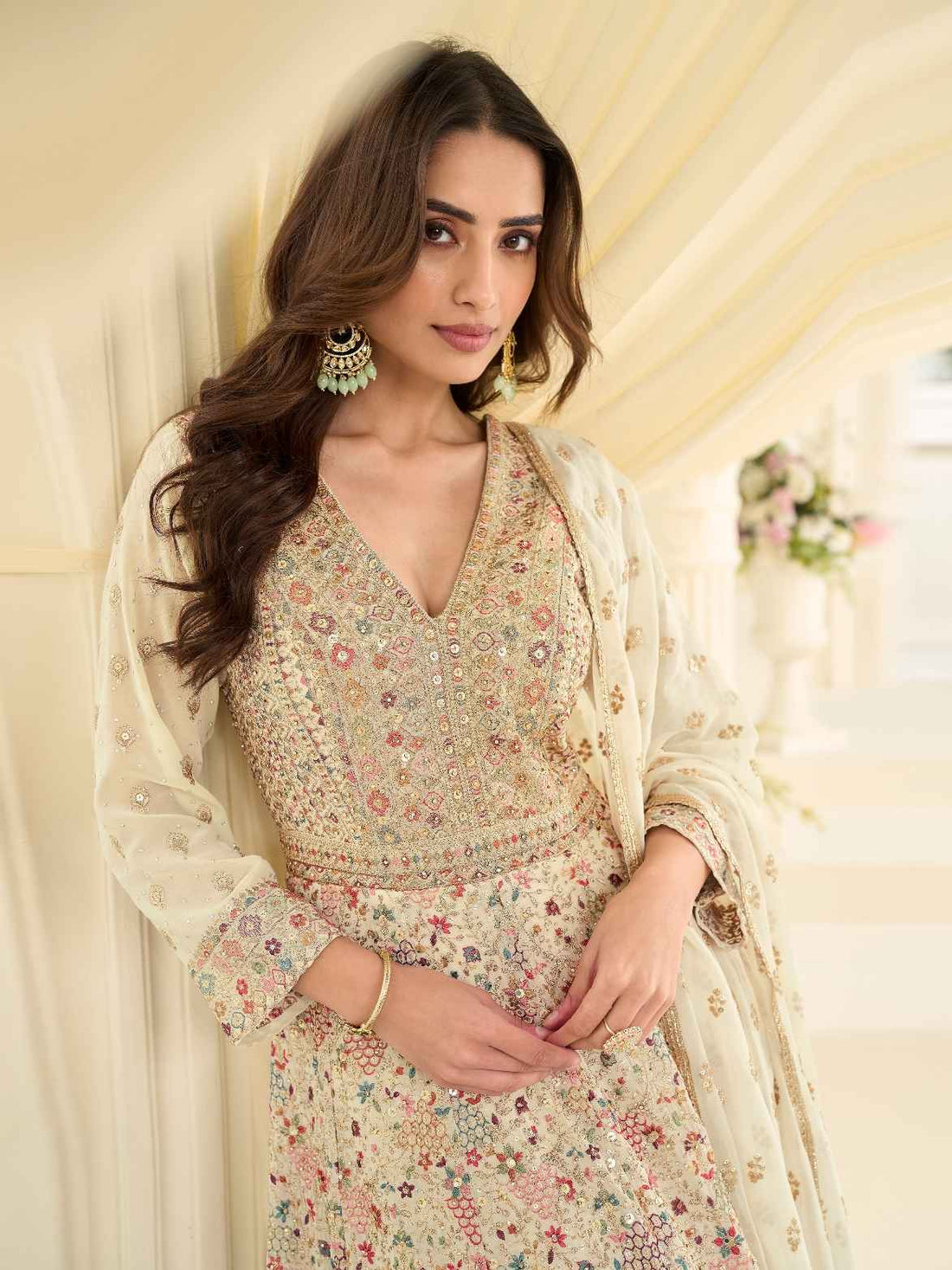 Cream Heavy Zarkan Work Georgette Anarkali Gown with Dupatta