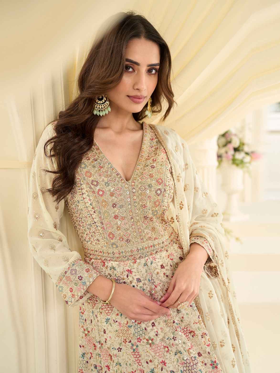 Cream Heavy Zarkan Work Georgette Anarkali Gown with Dupatta