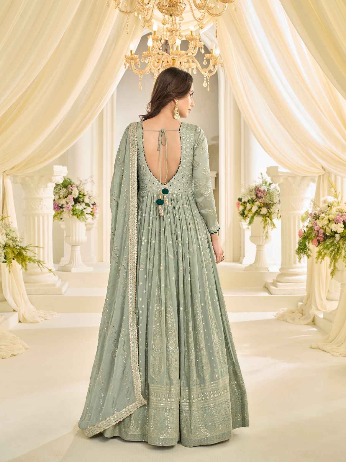 Mint Green Lucknowi Chikankari Georgette Anarkali Gown