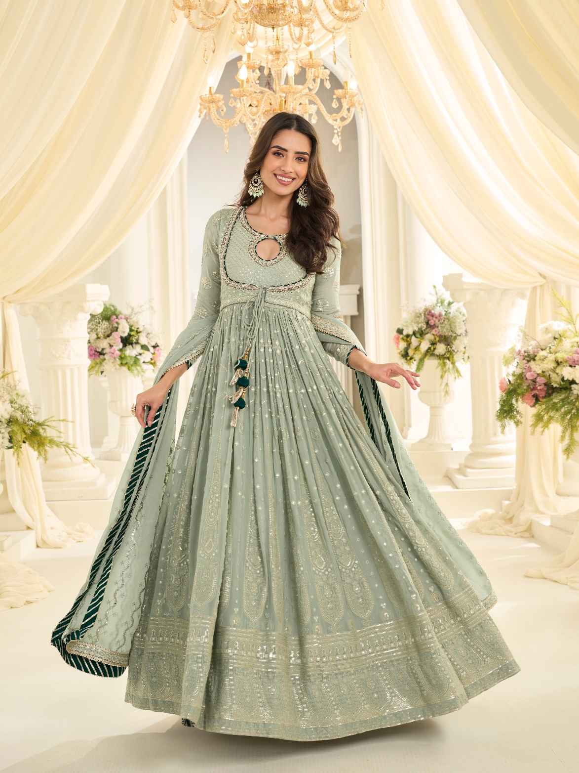 Mint Green Lucknowi Chikankari Georgette Anarkali Gown