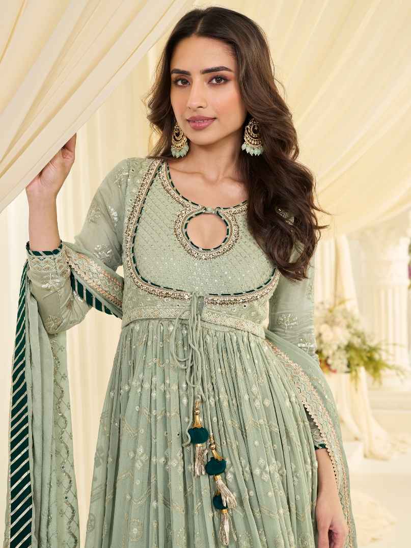 Mint Green Lucknowi Chikankari Georgette Anarkali Gown