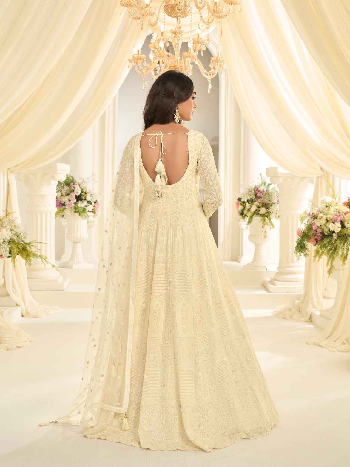 Cream Lucknowi Chikankari Georgette Designer Gown