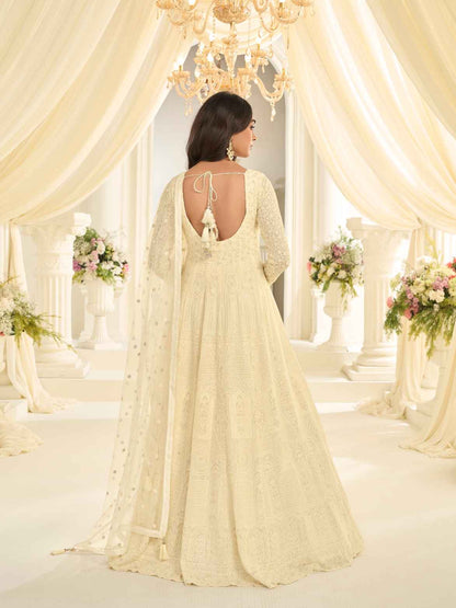 Cream Lucknowi Chikankari Georgette Designer Gown