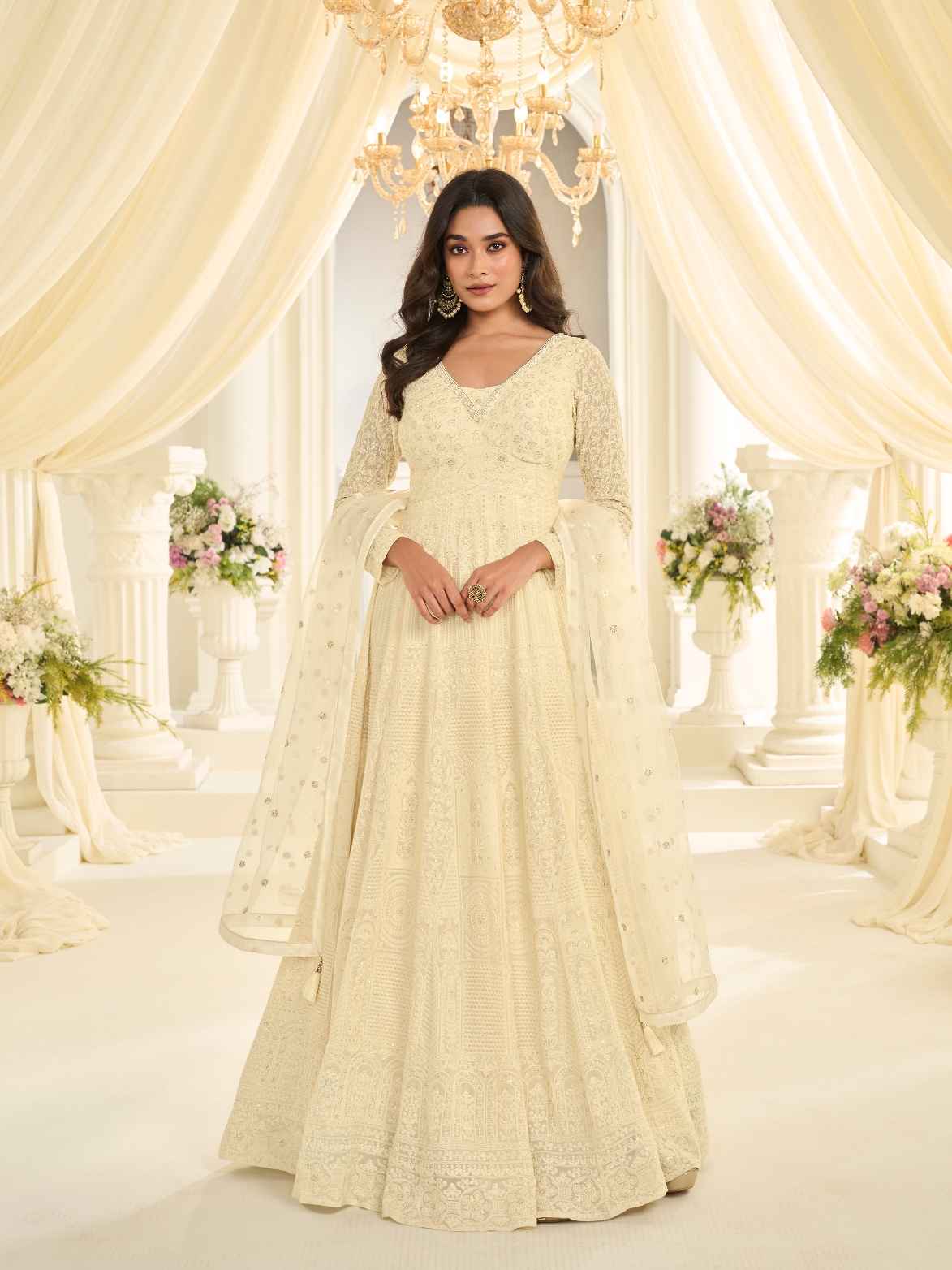 Cream Lucknowi Chikankari Georgette Designer Gown