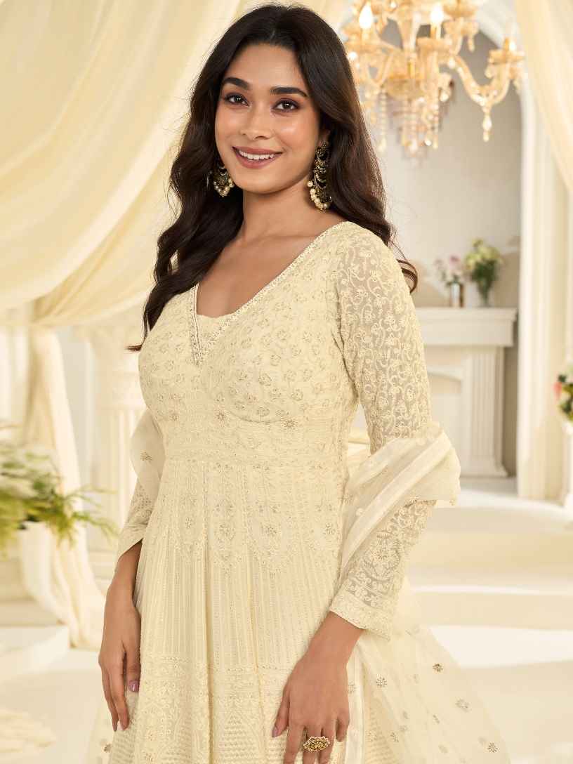 Cream Lucknowi Chikankari Georgette Designer Gown