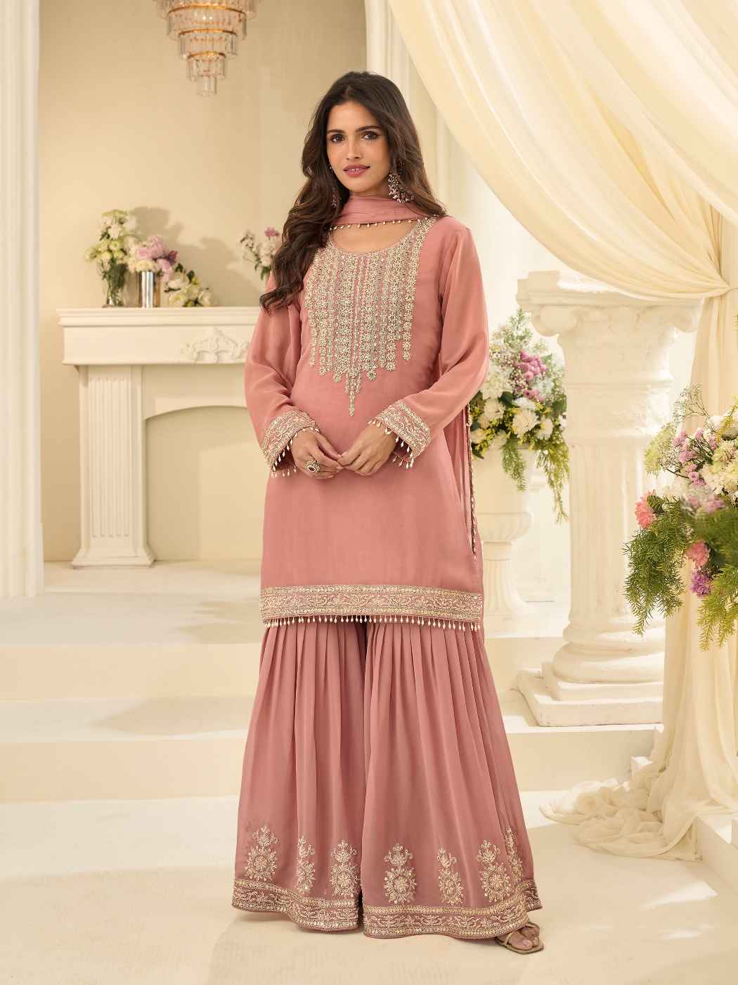 Peach Premium Real Georgette Beads Embroidered Gharara Suit