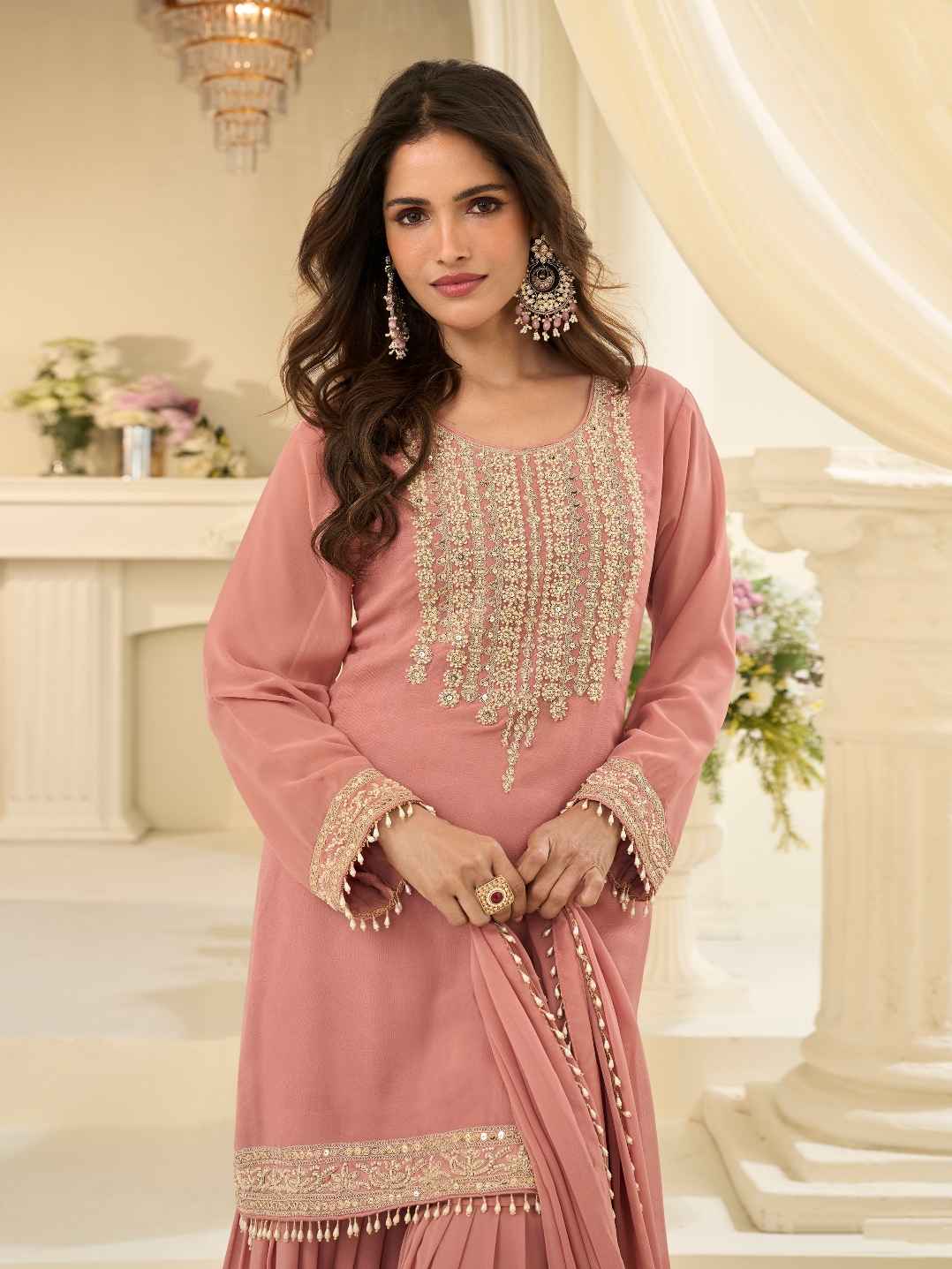 Peach Premium Real Georgette Beads Embroidered Gharara Suit