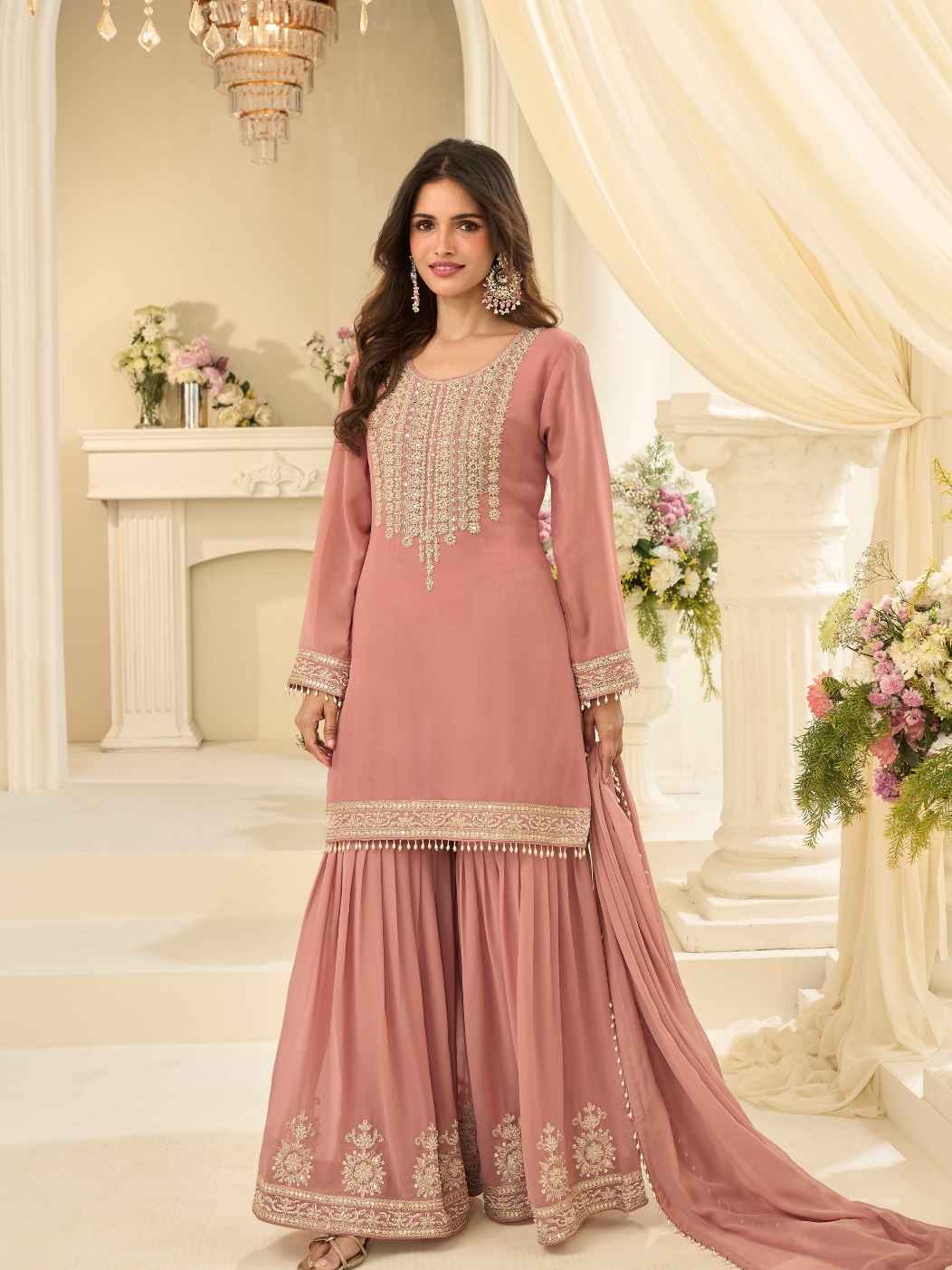 Peach Premium Real Georgette Beads Embroidered Gharara Suit