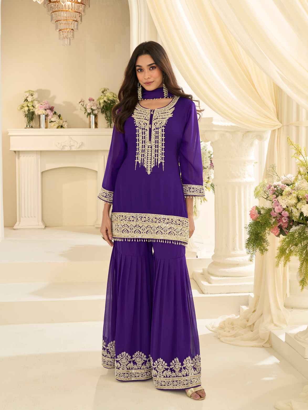 Royal Purple Premium Real Georgette Embroidered Gharara Suit