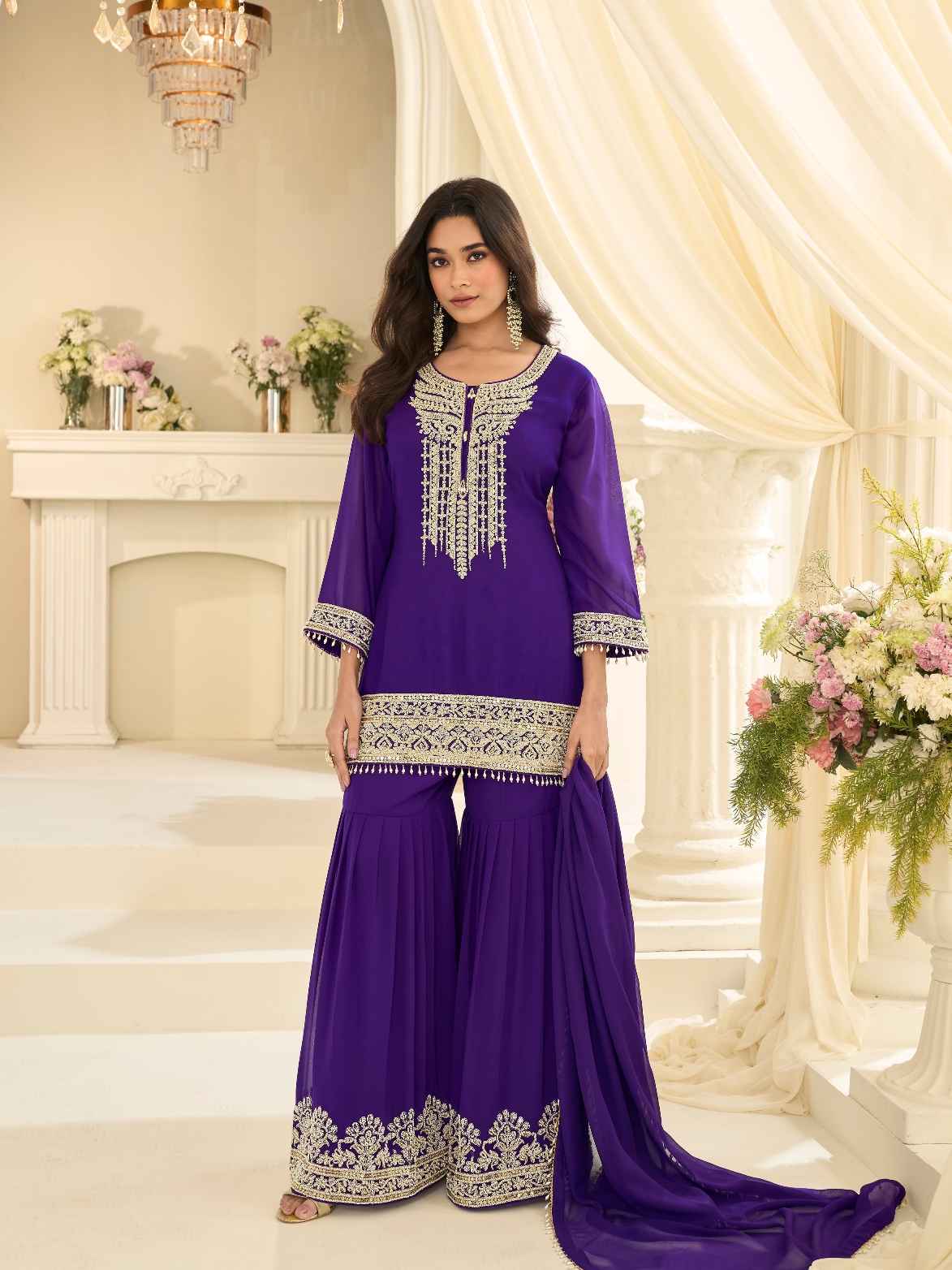 Royal Purple Premium Real Georgette Embroidered Gharara Suit
