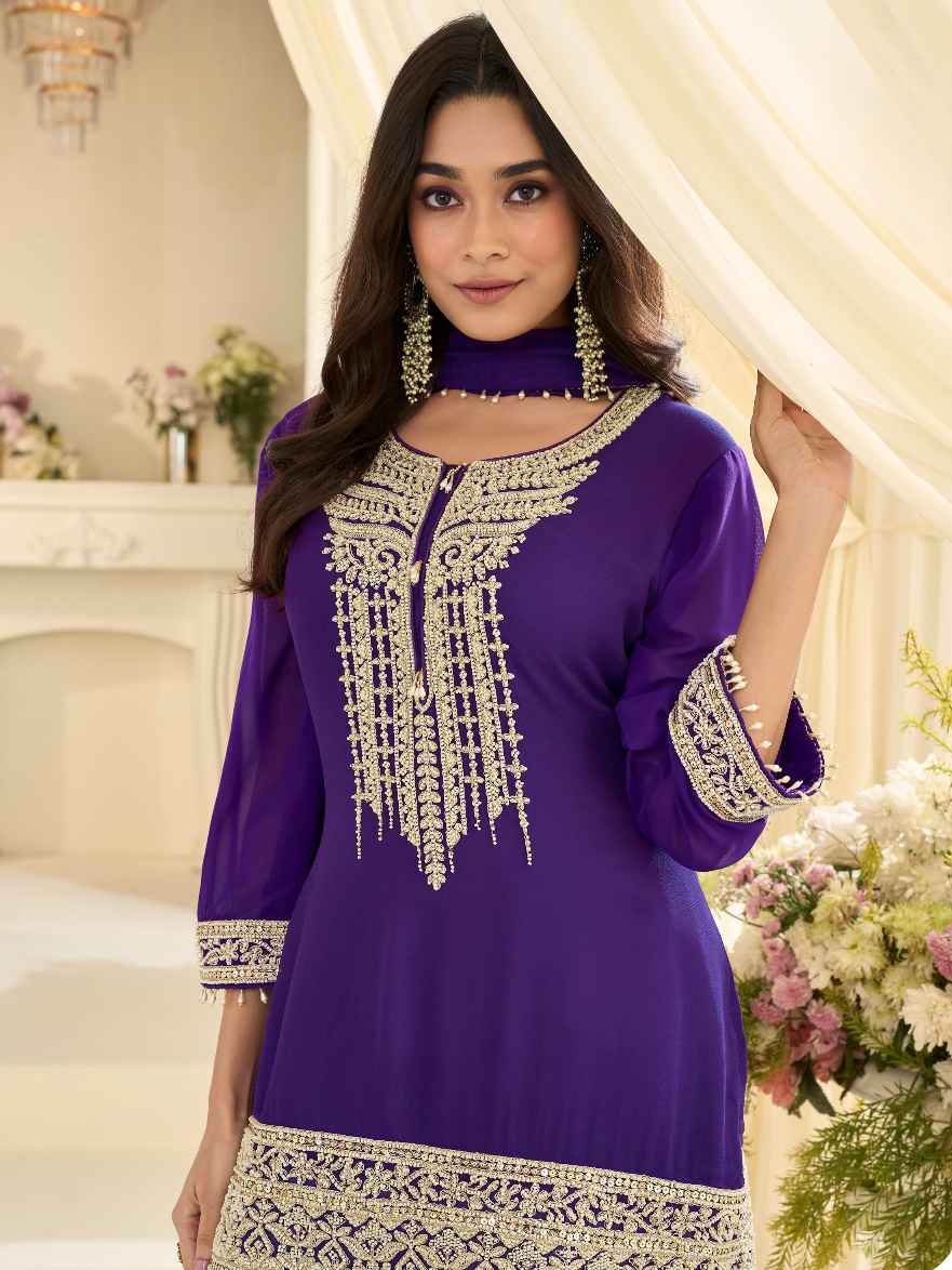 Royal Purple Premium Real Georgette Embroidered Gharara Suit