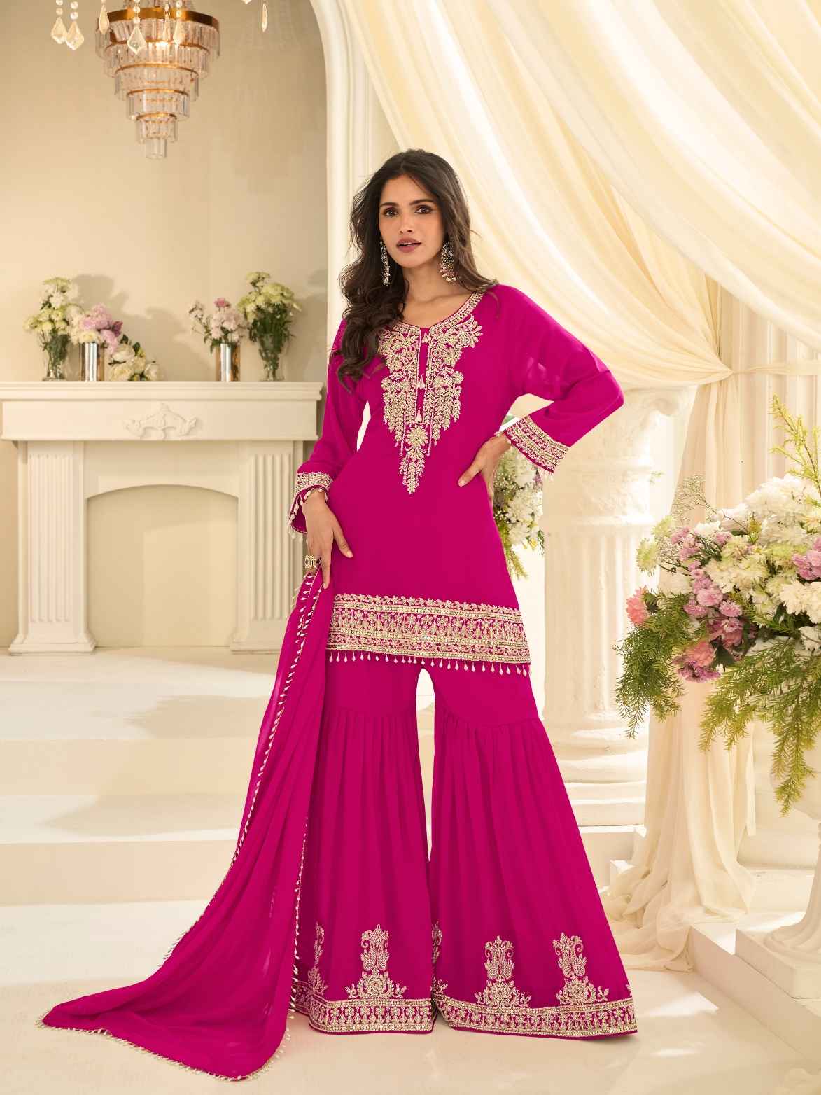 Rani Pink Premium Real Georgette Beads Embroidered Gharara Suit
