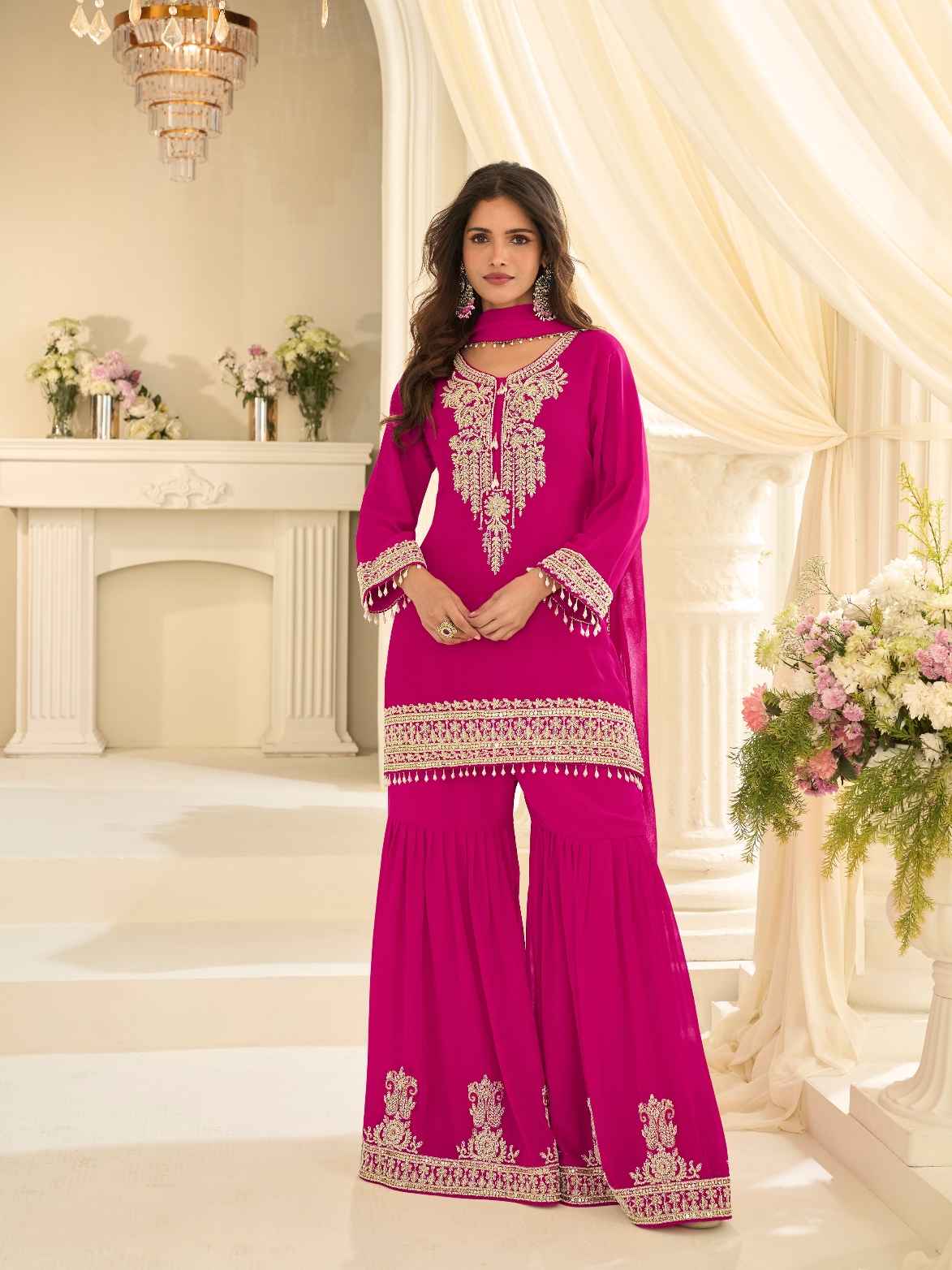 Rani Pink Premium Real Georgette Beads Embroidered Gharara Suit