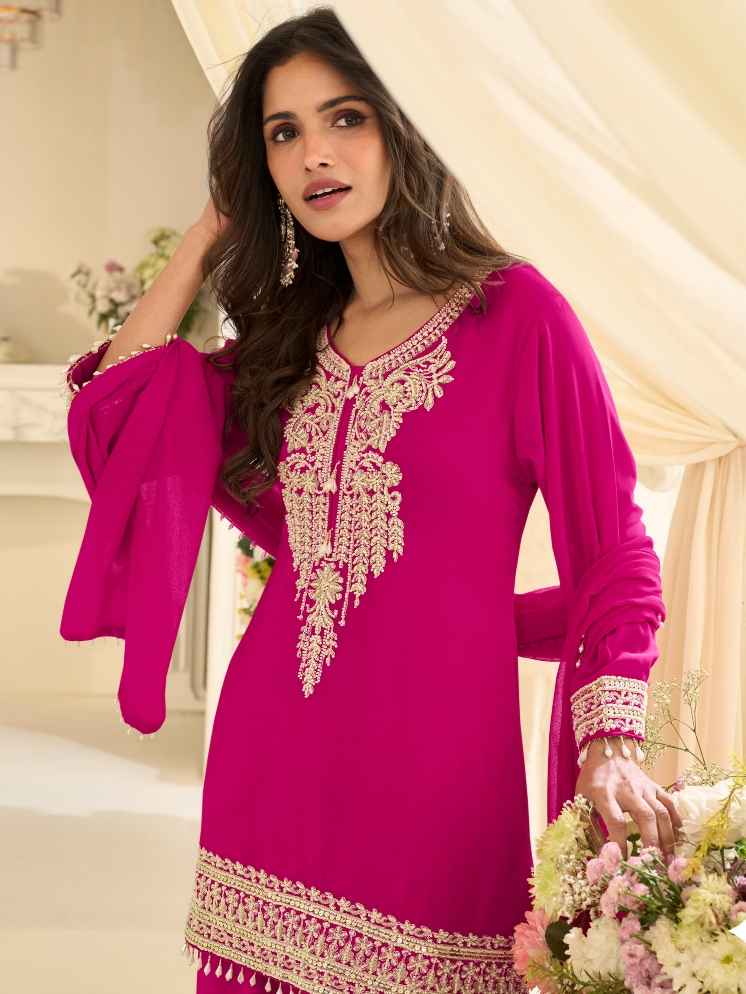 Rani Pink Premium Real Georgette Beads Embroidered Gharara Suit