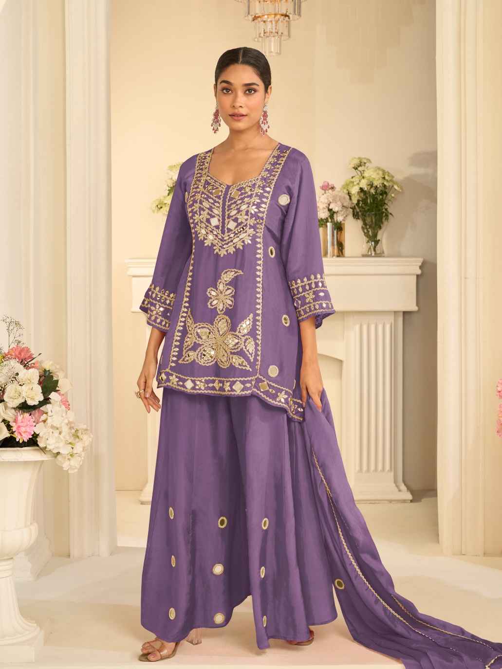 Lavender Purple Chinon Silk Embroidered Sharara Set with Dupatta