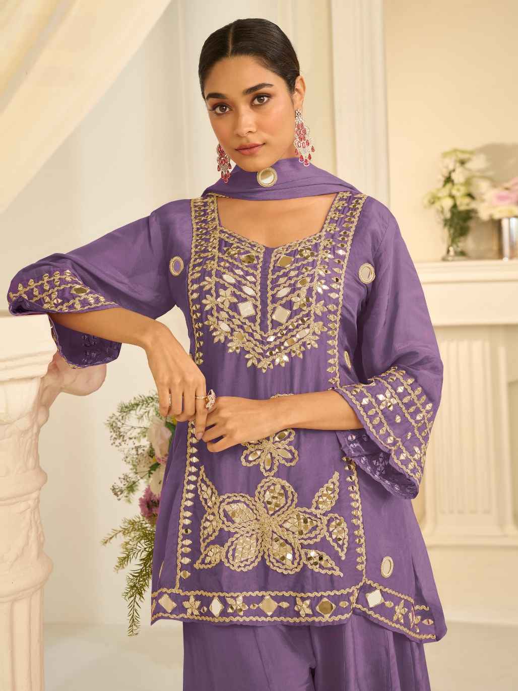 Lavender Purple Chinon Silk Embroidered Sharara Set with Dupatta